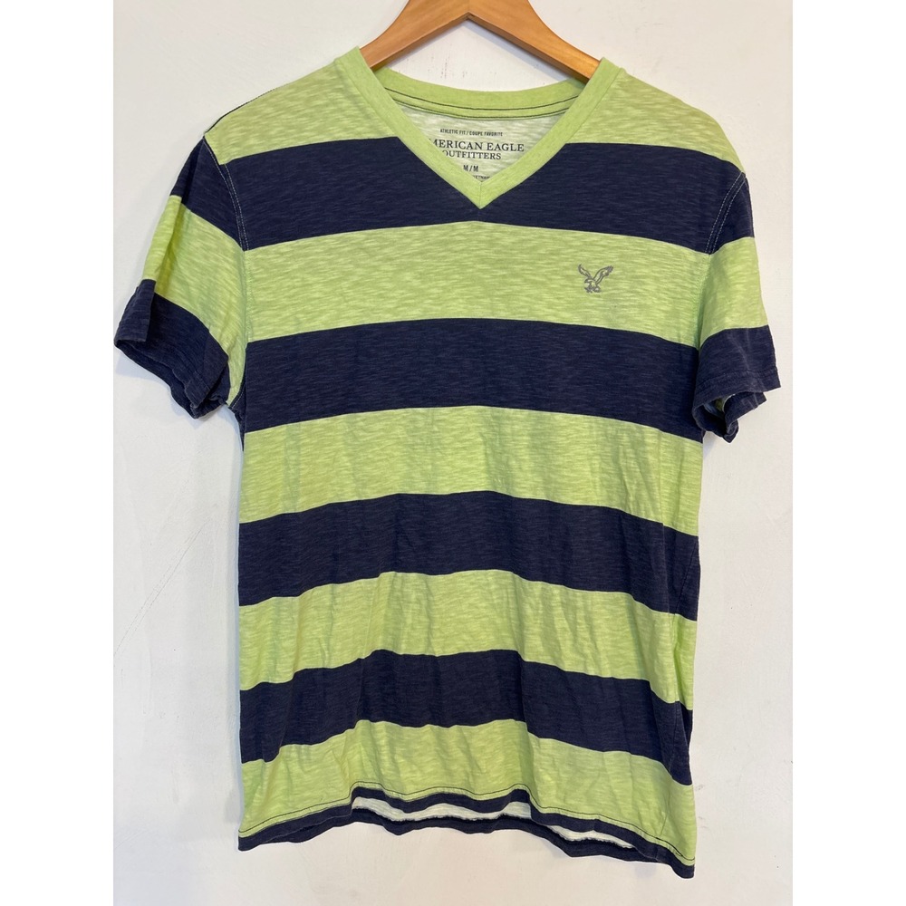 American Eagle Outfitters Mens V-Neck Striped T-Shirt Lime Navy Blue Medium